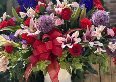 Red, white, blue, and purple floral arrangement